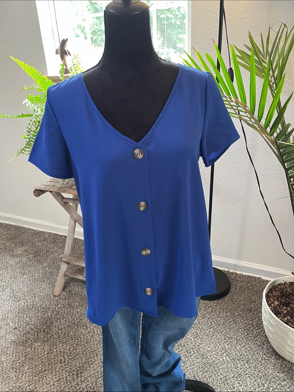 Blue Button-Front V-Neck Women's Top